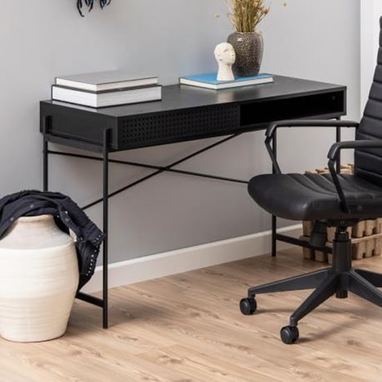 Avilo Wooden Sliding Door Computer Desk In Ash Black Furniture in Fashion