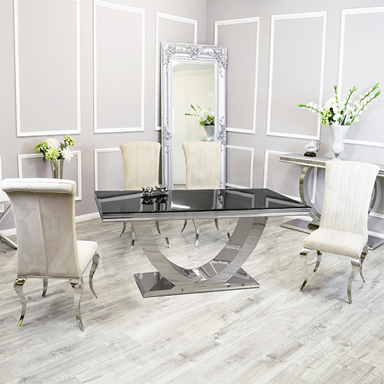 Avon Black Glass Dining Table With 8 North Cream Chairs Furniture in