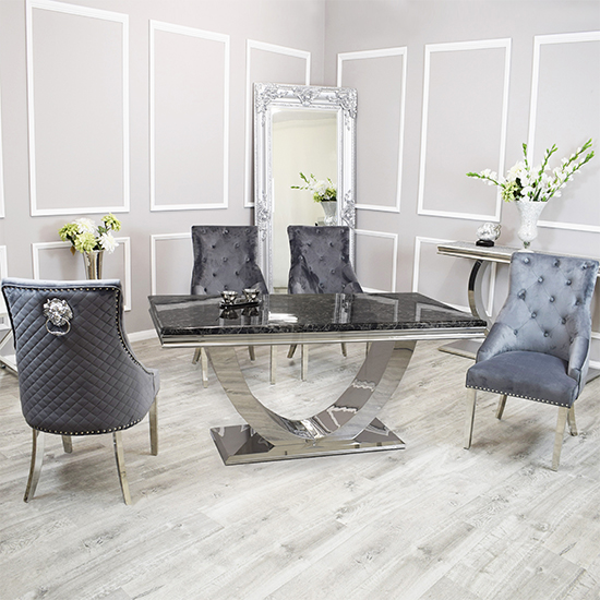 Avon Black Marble Dining Table With 6 Benton Dark Grey Chairs