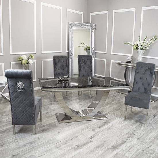 Avon Black Marble Dining Table With 6 Elmira Dark Grey Chairs