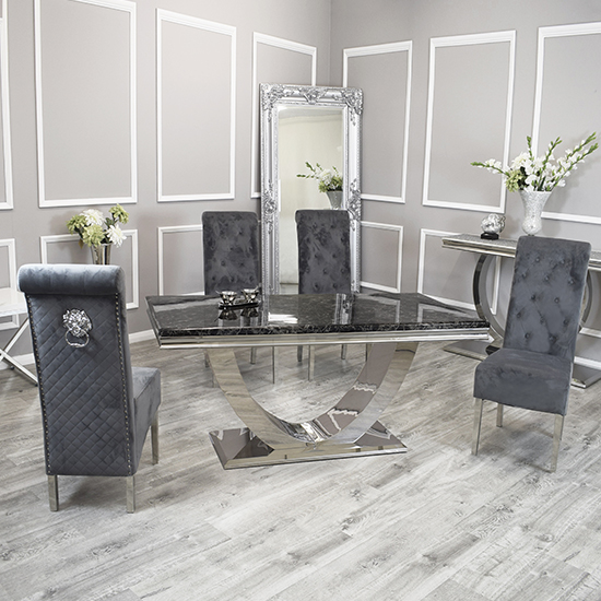 Product photograph of Avon Black Marble Dining Table With 6 Elmira Dark Grey Chairs from Furniture in Fashion