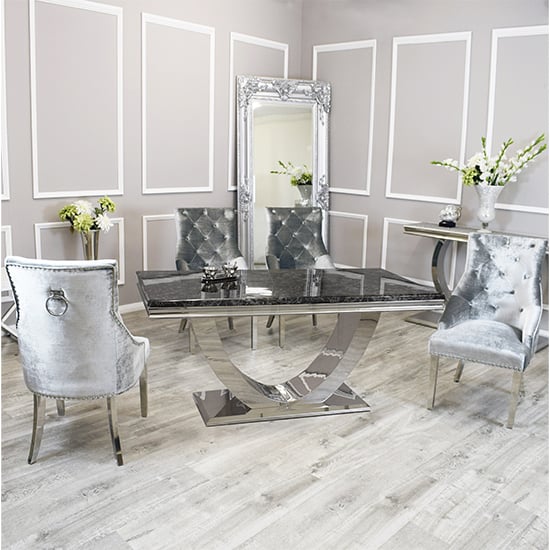 Product photograph of Avon Black Marble Dining Table With 6 Dessel Pewter Chairs from Furniture in Fashion