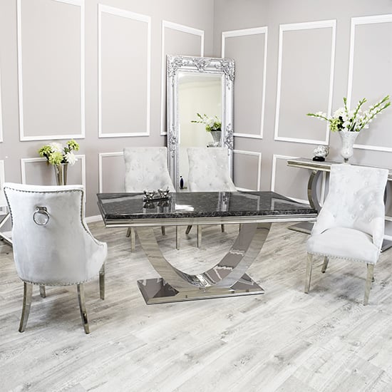 Product photograph of Avon Black Marble Dining Table With 6 Dessel Light Grey Chairs from Furniture in Fashion
