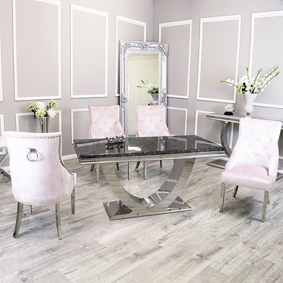 Photo of Avon black marble dining table with 6 dessel pink chairs