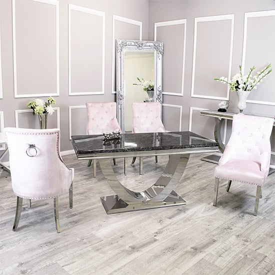 Read more about Avon black marble dining table with 6 dessel pink chairs