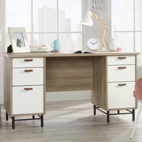 Product photograph of Avon Computer Desk With 6 Drawers In Sky Oak And White from Furniture in Fashion