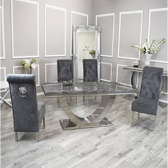 Photo of Avon dark grey marble dining table 4 elmira dark grey chairs