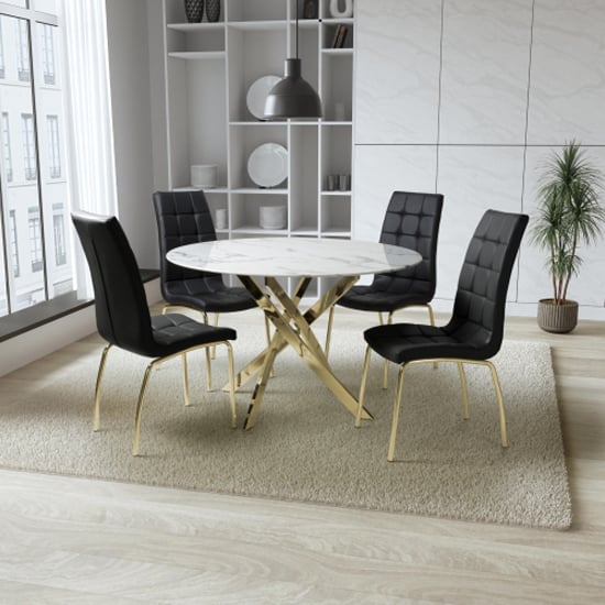 Read more about Avon dining table round with gold legs 4 justin black chairs