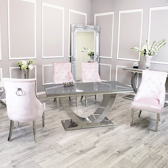 Product photograph of Avon Grey Glass Dining Table With 4 Dessel Pink Chairs from Furniture in Fashion