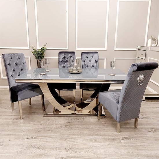 Product photograph of Avon Grey Glass Dining Table With 4 Elmira Dark Grey Chairs from Furniture in Fashion