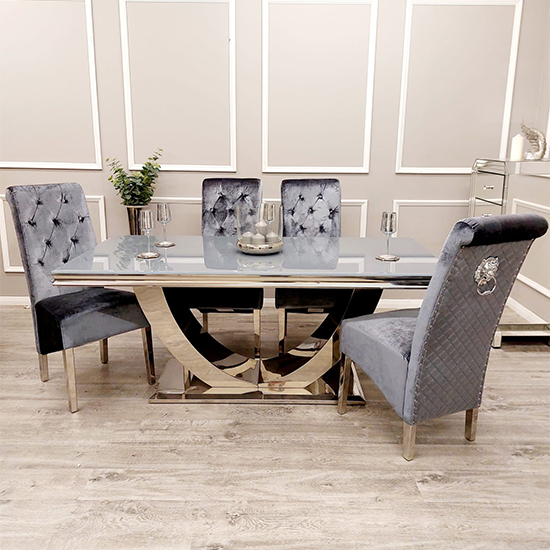 Read more about Avon grey glass dining table with 4 elmira dark grey chairs