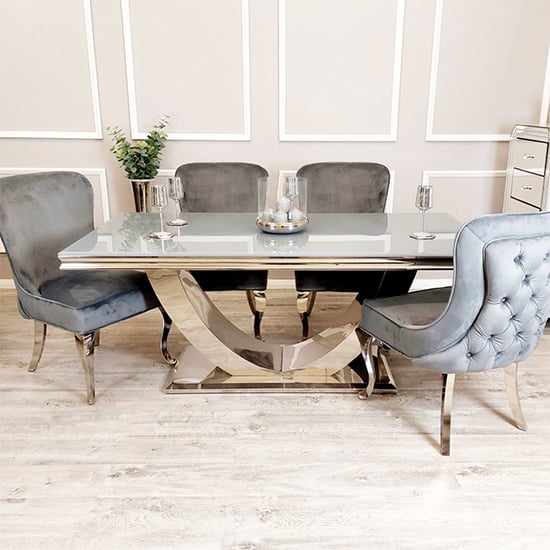Product photograph of Avon Grey Glass Dining Table With 4 Sedro Dark Grey Chairs from Furniture in Fashion