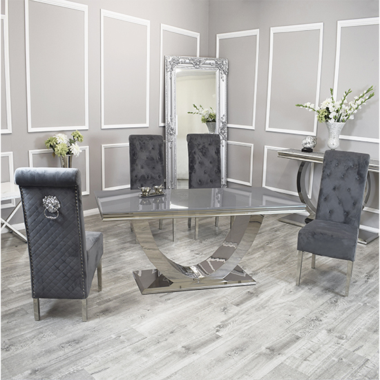 Product photograph of Avon Grey Glass Dining Table With 6 Elmira Dark Grey Chairs from Furniture in Fashion