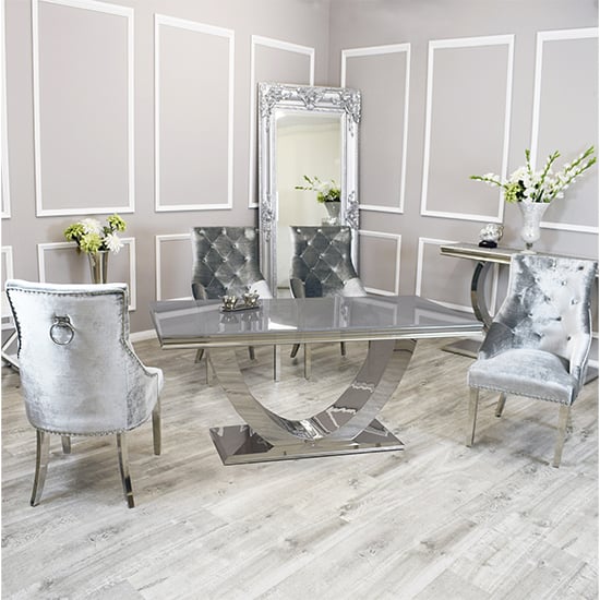 Product photograph of Avon Grey Glass Dining Table With 4 Dessel Pewter Chairs from Furniture in Fashion