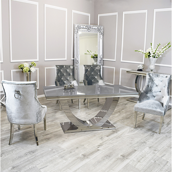 Photo of Avon grey glass dining table with 6 dessel pewter chairs