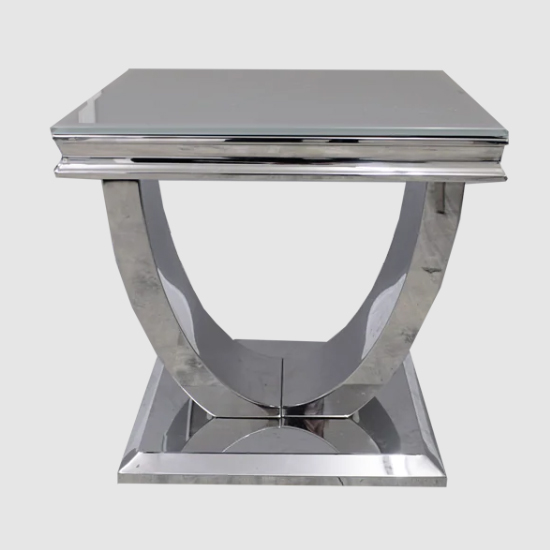 Read more about Avon grey glass lamp table with polished steel base