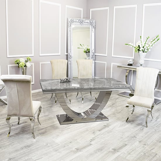 Photo of Avon light grey marble dining table with 4 north cream chairs