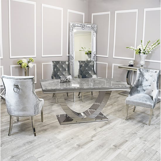 Photo of Avon light grey marble dining table with 4 dessel pewter chairs