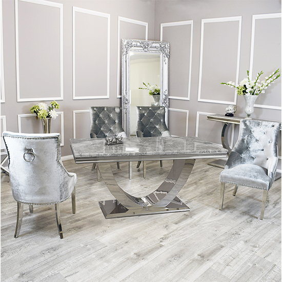 Read more about Avon light grey marble dining table with 4 dessel pewter chairs