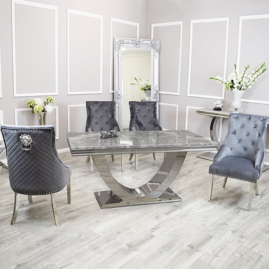 Photo of Avon light grey marble dining table 4 benton dark grey chairs