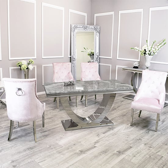 Product photograph of Avon Light Grey Marble Dining Table 4 Dessel Pink Chairs from Furniture in Fashion