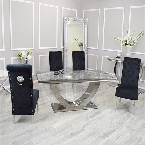 Read more about Avon light grey marble dining table with 4 elmira black chairs