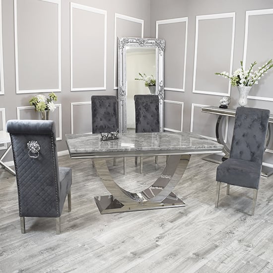 Product photograph of Avon Light Grey Marble Dining Table 4 Elmira Dark Grey Chairs from Furniture in Fashion
