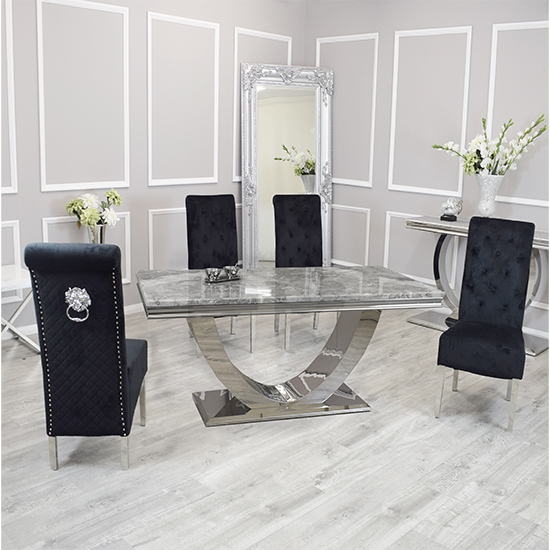 Photo of Avon light grey marble dining table with 6 elmira black chairs