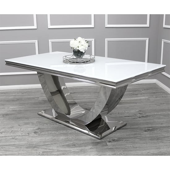 Product photograph of Avon Medium White Glass Dining Table With Polished Base from Furniture in Fashion