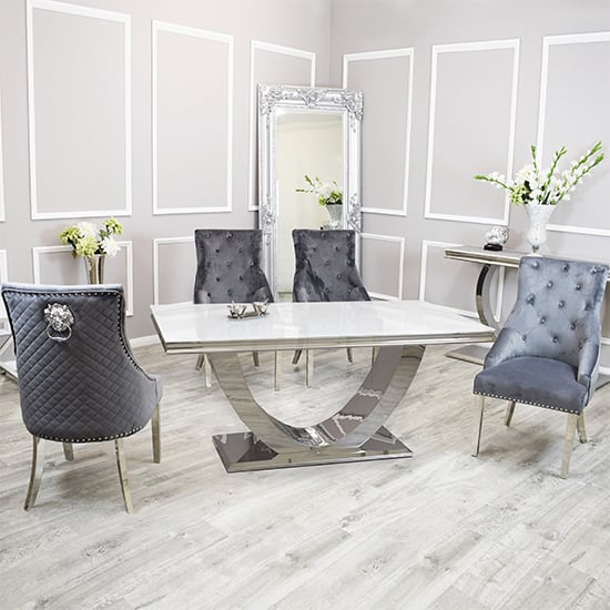 Product photograph of Avon White Glass Dining Table With 4 Benton Dark Grey Chairs from Furniture in Fashion