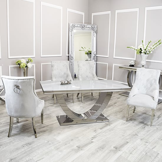 Product photograph of Avon White Glass Dining Table With 4 Dessel Light Grey Chairs from Furniture in Fashion