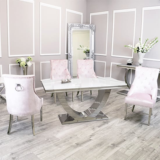 Product photograph of Avon White Glass Dining Table With 4 Dessel Pink Chairs from Furniture in Fashion