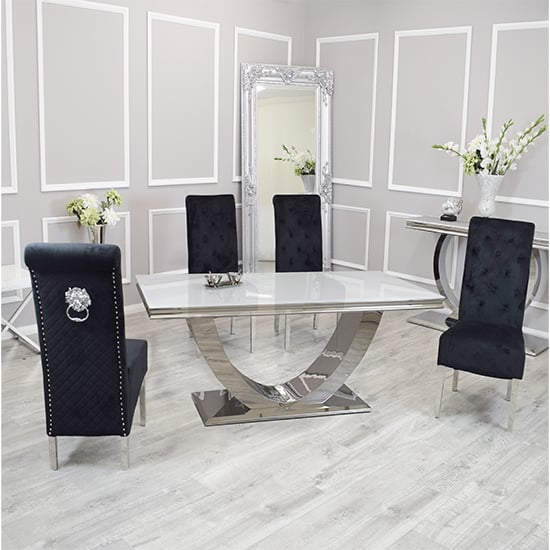 Product photograph of Avon White Glass Dining Table With 4 Elmira Black Chairs from Furniture in Fashion