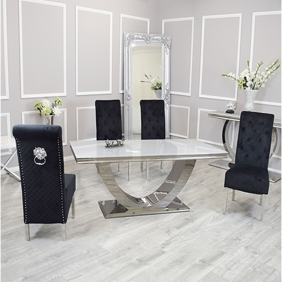 Read more about Avon white glass dining table with 4 elmira black chairs