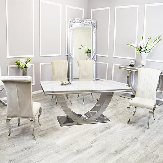 Product photograph of Avon White Glass Dining Table With 4 North Cream Chairs from Furniture in Fashion