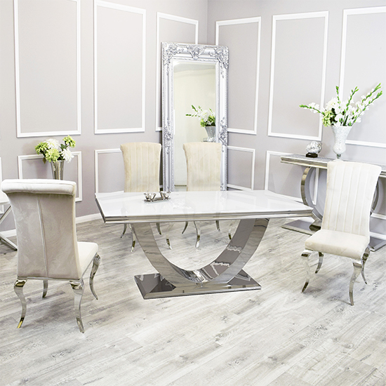 Product photograph of Avon White Glass Dining Table With 4 North Cream Chairs from Furniture in Fashion