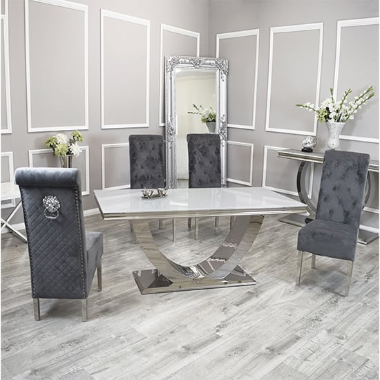 Photo of Avon white glass dining table with 6 elmira dark grey chairs