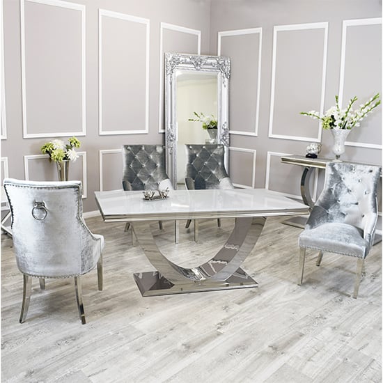 Product photograph of Avon White Glass Dining Table With 4 Dessel Pewter Chairs from Furniture in Fashion