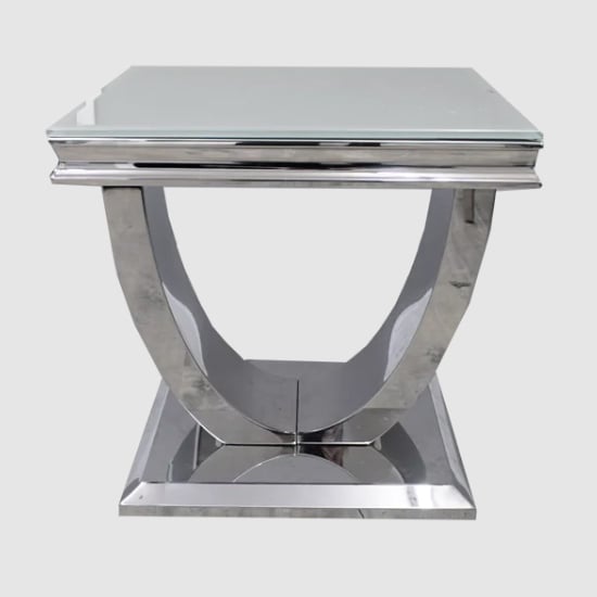 Product photograph of Avon White Glass Lamp Table With Polished Steel Base from Furniture in Fashion