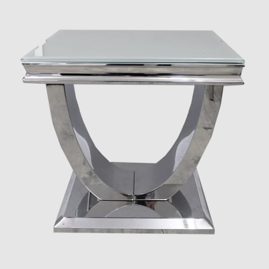 Read more about Avon white glass lamp table with polished steel base