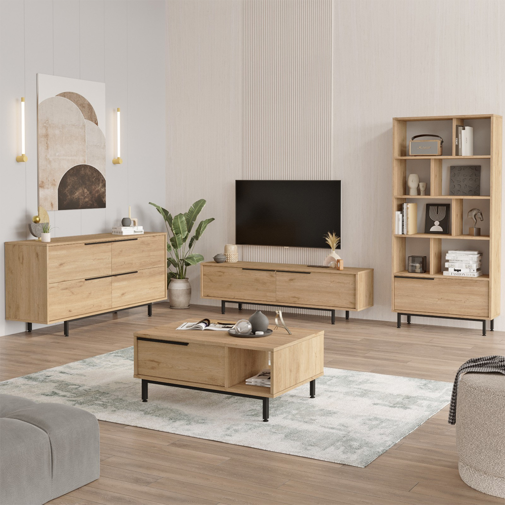 Avoris Wooden Living Room Furniture Set with Bookcase in Oak
