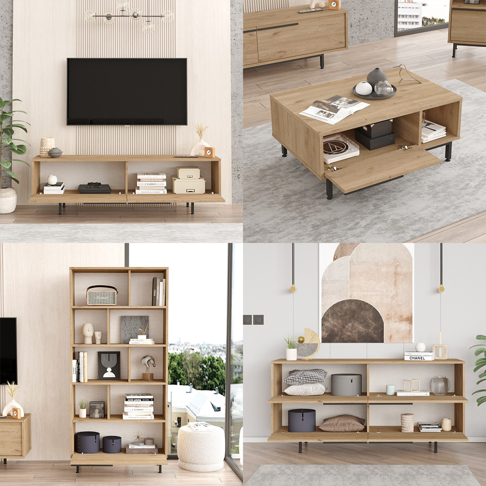 Avoris Wooden Living Room Furniture Set with Bookcase in Oak