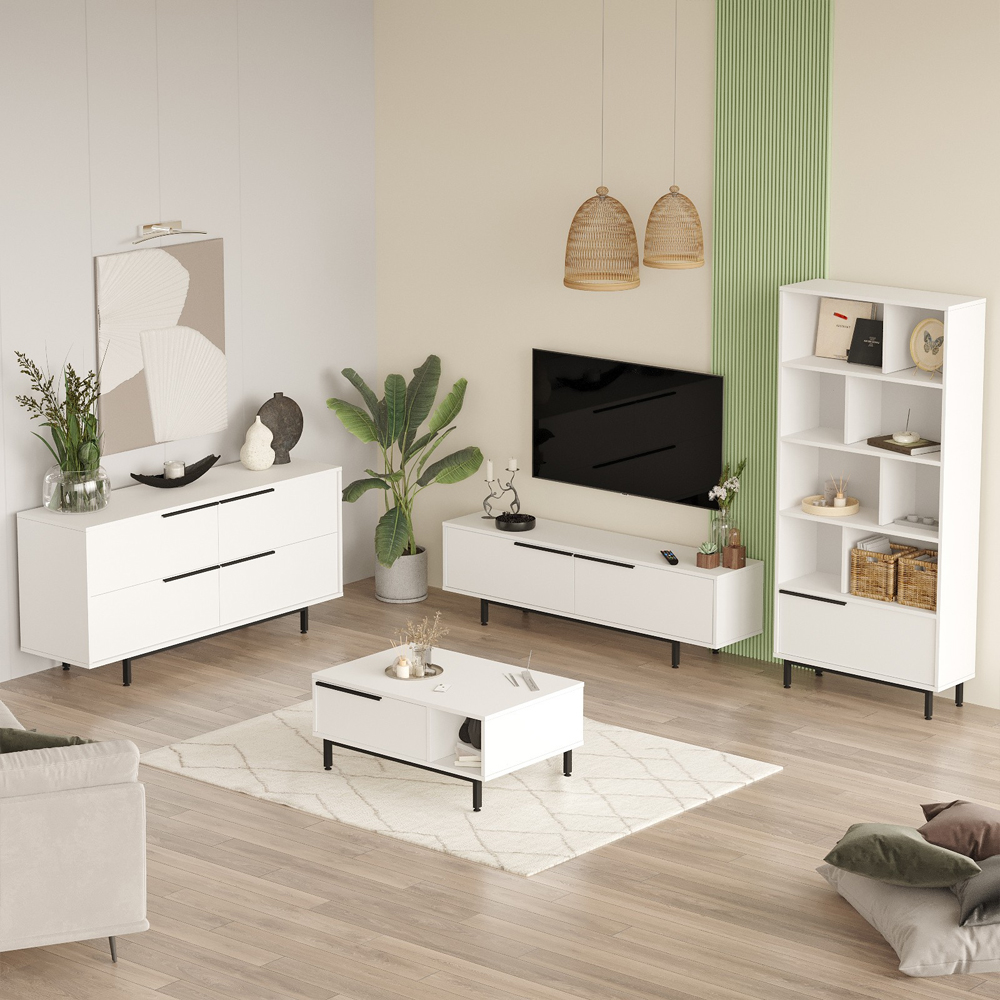 Avoris Wooden Living Room Furniture Set with Bookcase in White