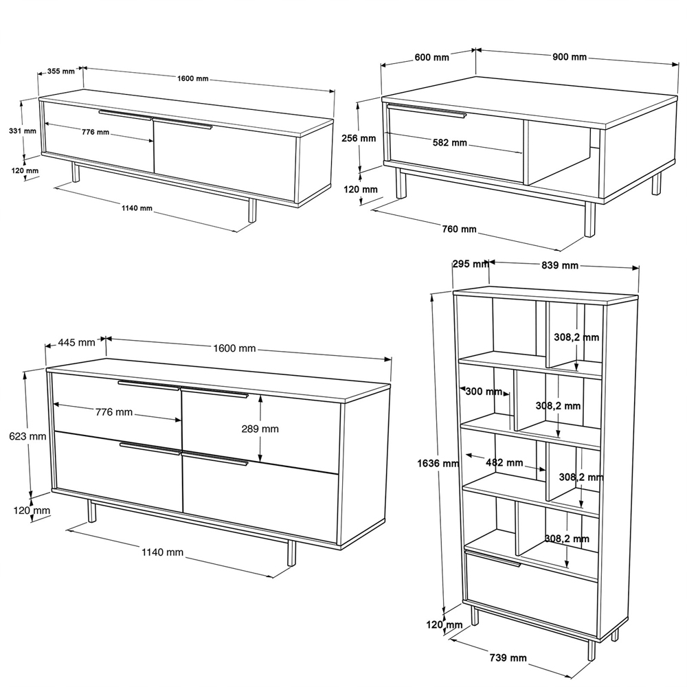 Avoris Wooden Living Room Furniture Set with Bookcase in White