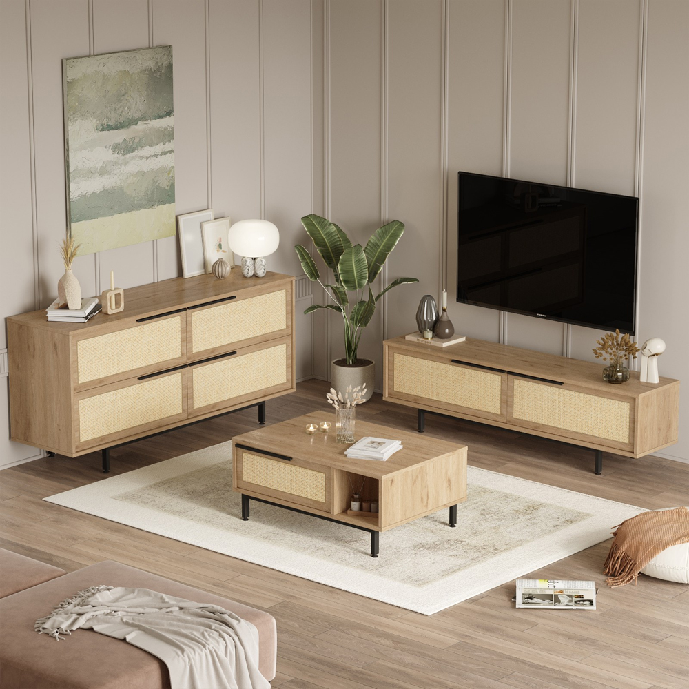 Avoris Wooden Living Room Furniture Set with Rattan Fronts in Oak