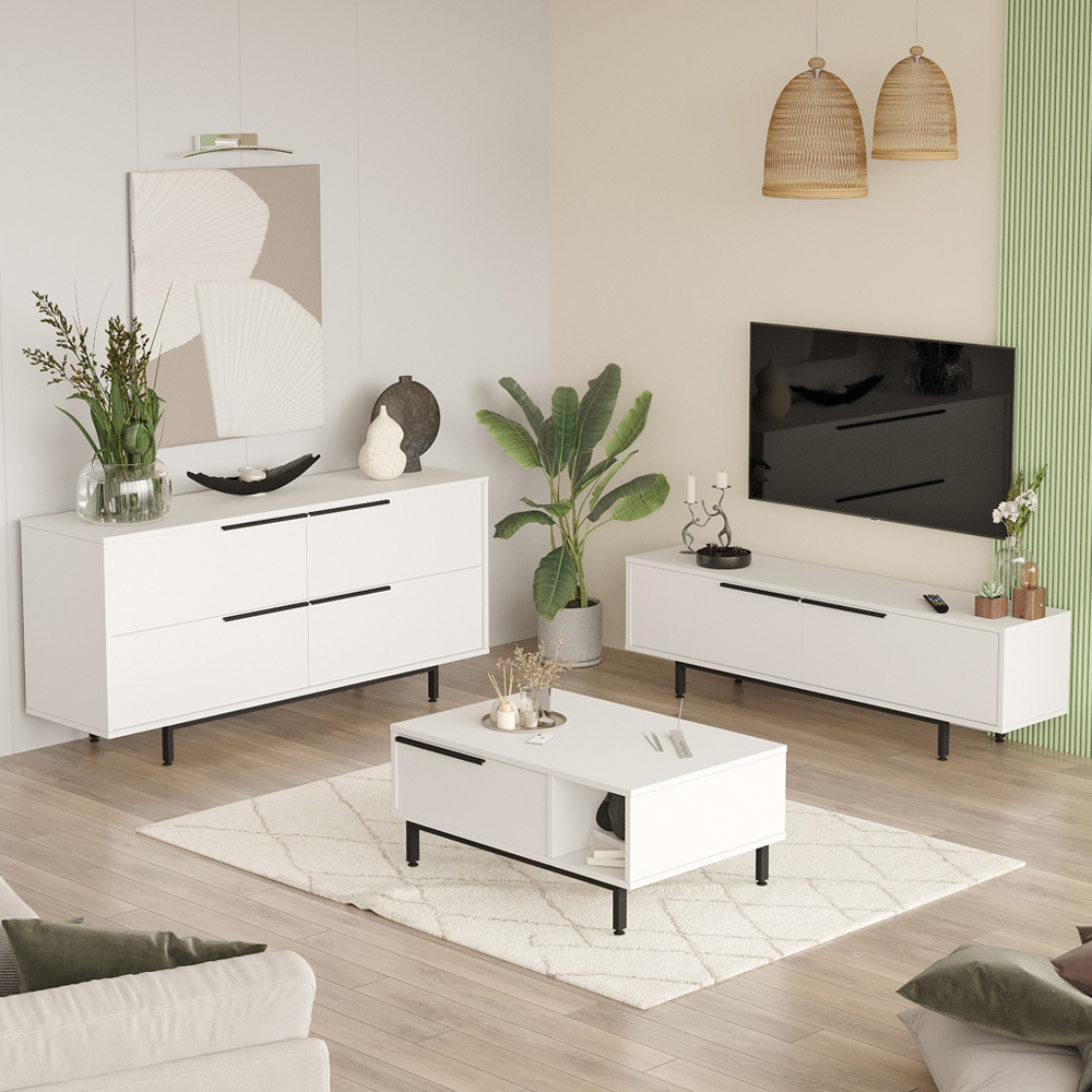 Avoris Wooden Living Room Furniture Set in White