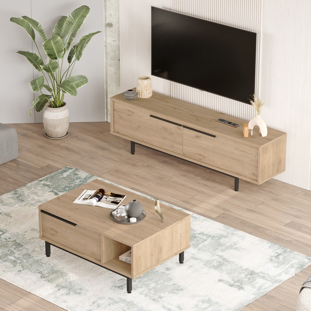 Avoris Wooden TV Stand and Coffee Table Set in Oak