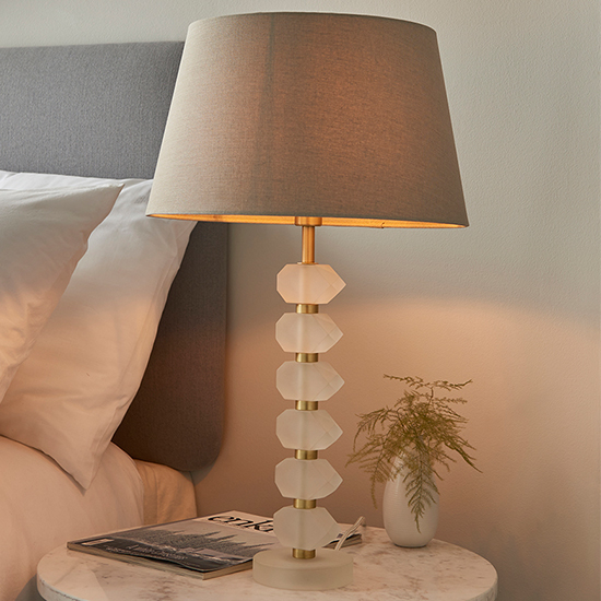 Product photograph of Awka Grey Linen Shade Table Lamp With Frosted Glass Base from Furniture in Fashion