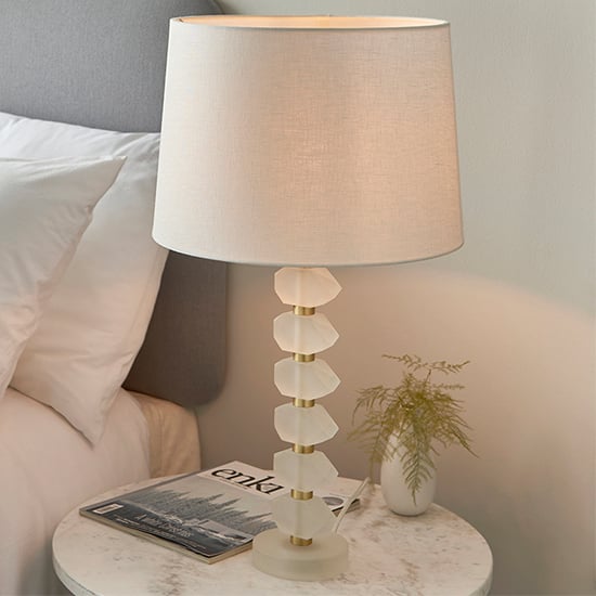 Product photograph of Awka White Linen Shade Table Lamp With Frosted Glass Base from Furniture in Fashion