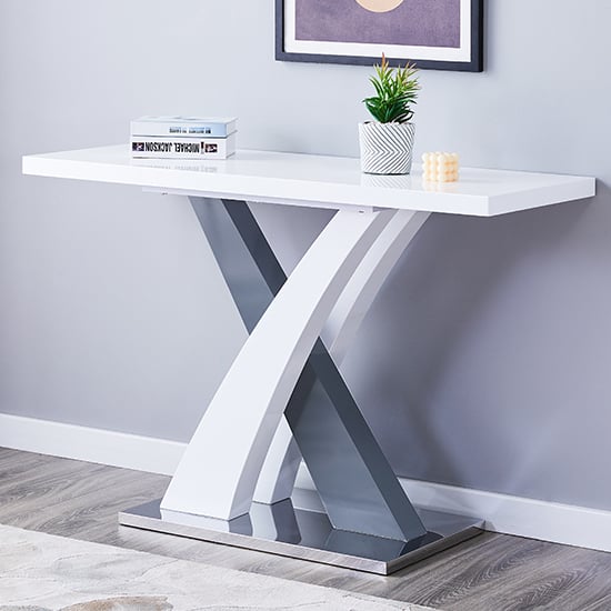 Axara Rectangular High Gloss Console Table In White And Grey_1